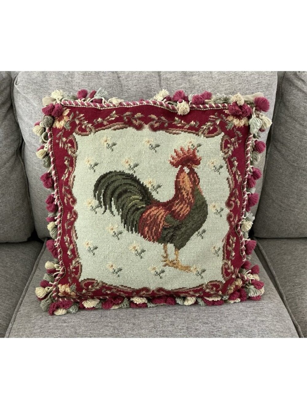 French Country Rooster Needlepoint Pillow Cover 20x20 Tassel Trim Feather Insert